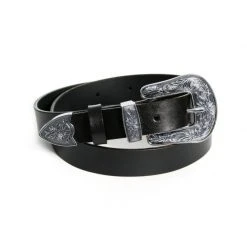 Black Leather Belt With One Silver Ornament Buckle By Aggi